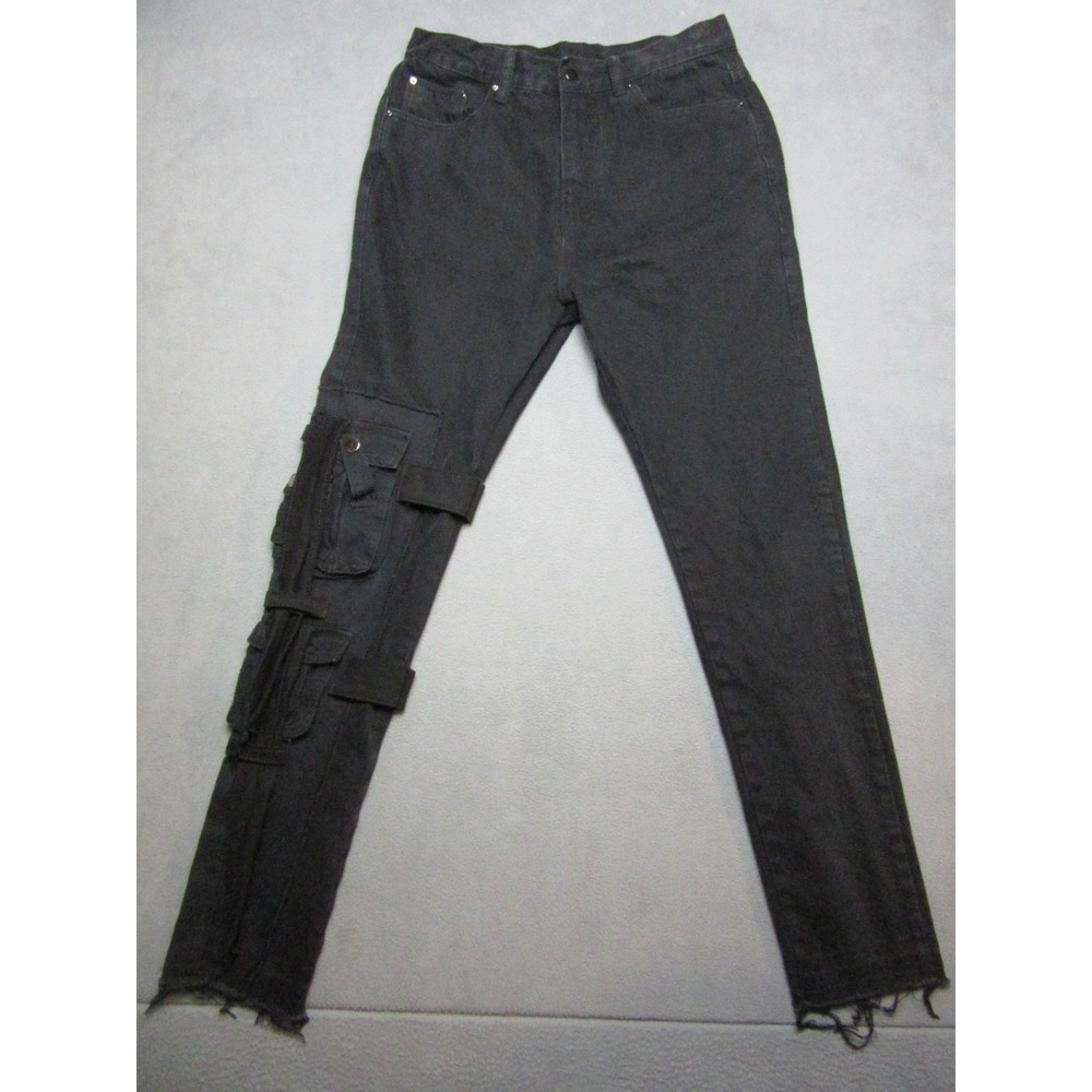 mnml Jeans Mens 31 Black Utility Mid Rise Skinny Cargo Pockets Frayed Hem